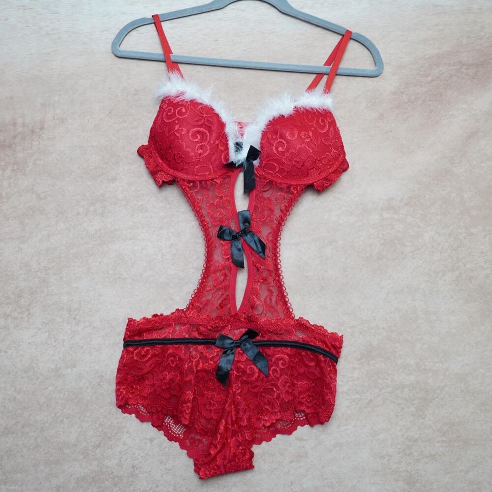 Christmas Lace Teddy Lingerie Red L